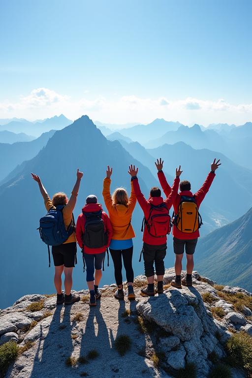 A happy group of hikers celebrating on a mountain summit in Austria.
