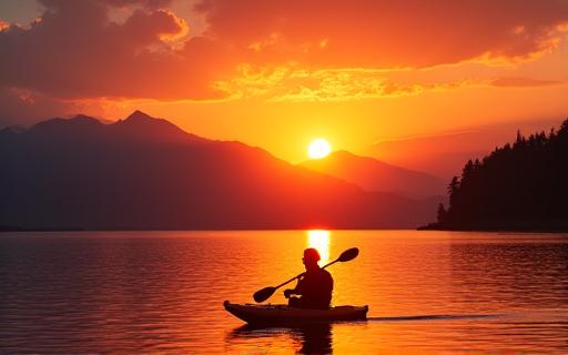 A silhouette of a kayaker against a beautiful sunset on a lake in Austria.
