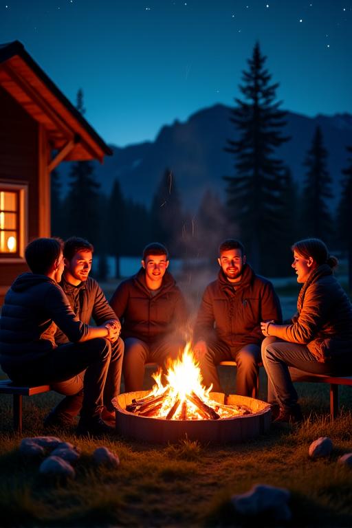 Friends gathered around a campfire outside a rustic mountain hut in Austria at night.