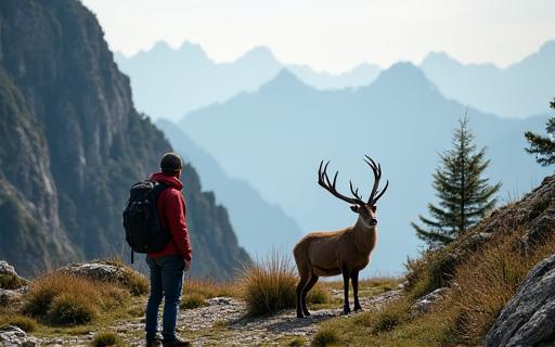 A hiker quietly observing an Alpine Ibex from a distance in the Austrian Alps.