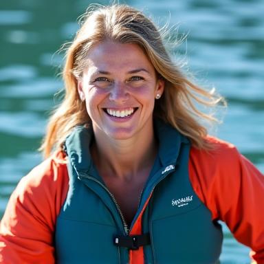 Headshot of Anja Fischer, a cheerful guide from Austria in a kayak.