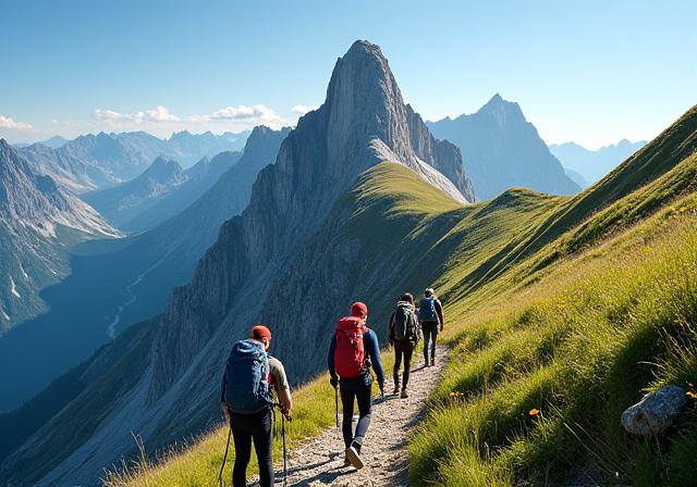 A group of hikers nearing a mountain peak in the Austrian Alps.