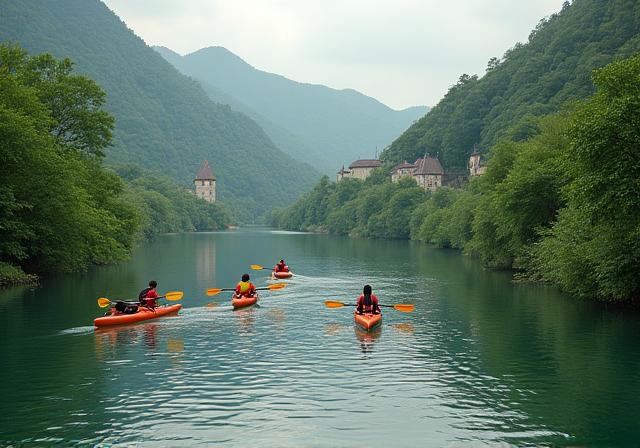 Kayakers paddling down the Danube river past lush green hills.