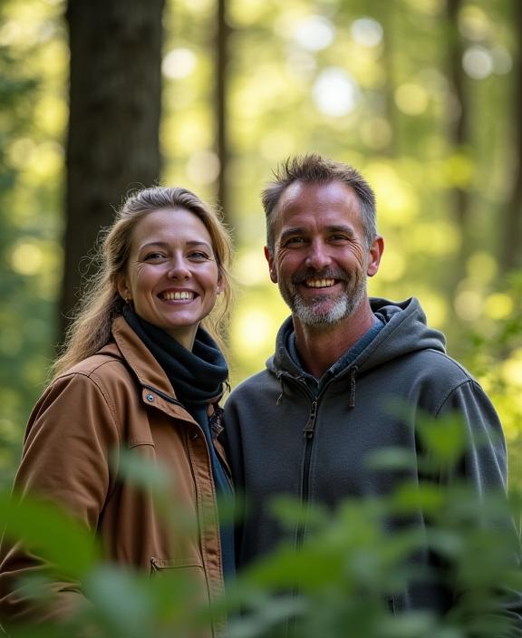 The founders of TravelViaCh Adventures smiling in a pristine Austrian forest.